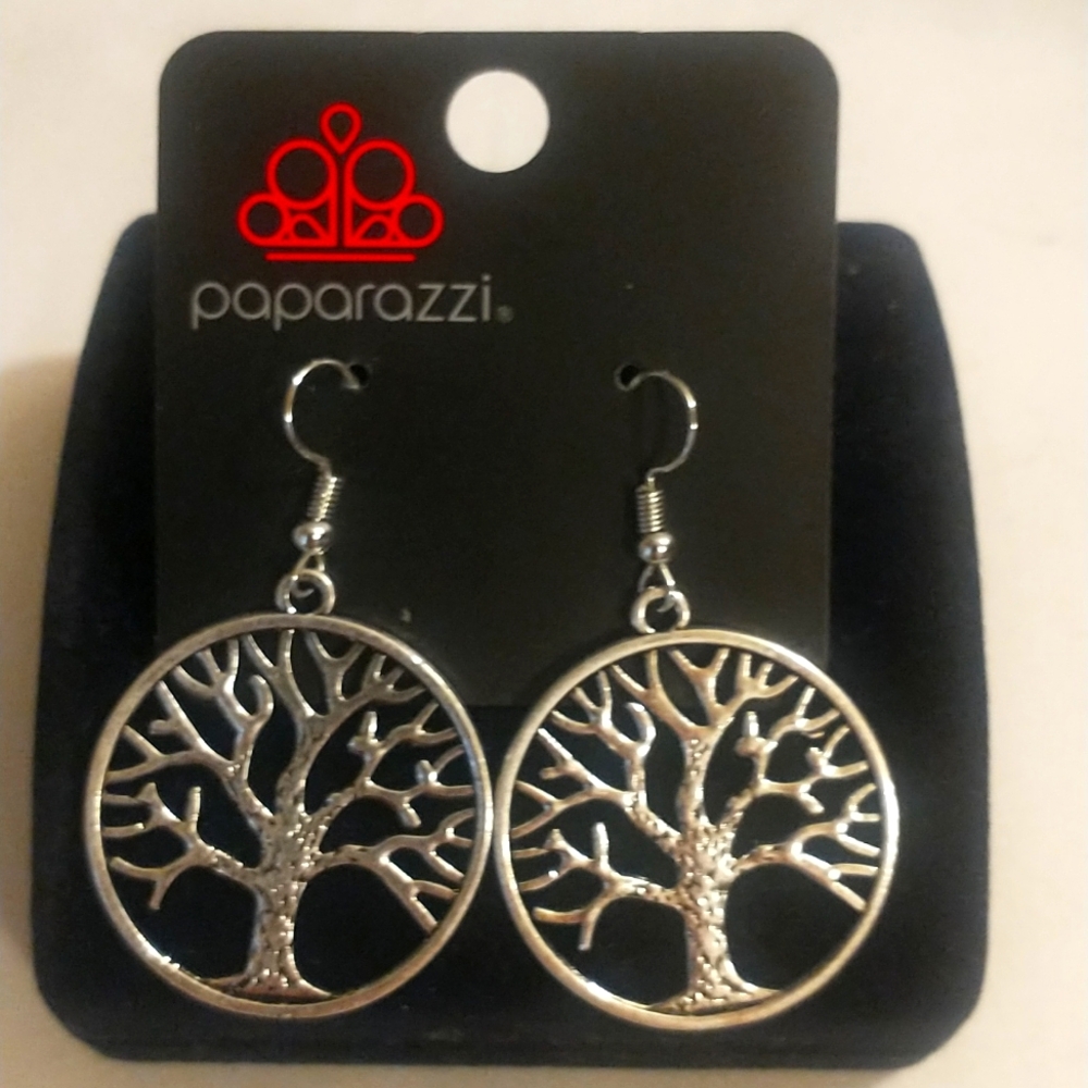 Paparazzi Earrings Elegant Tree Of Life Lightweight Silver Finished Dangle Hoops